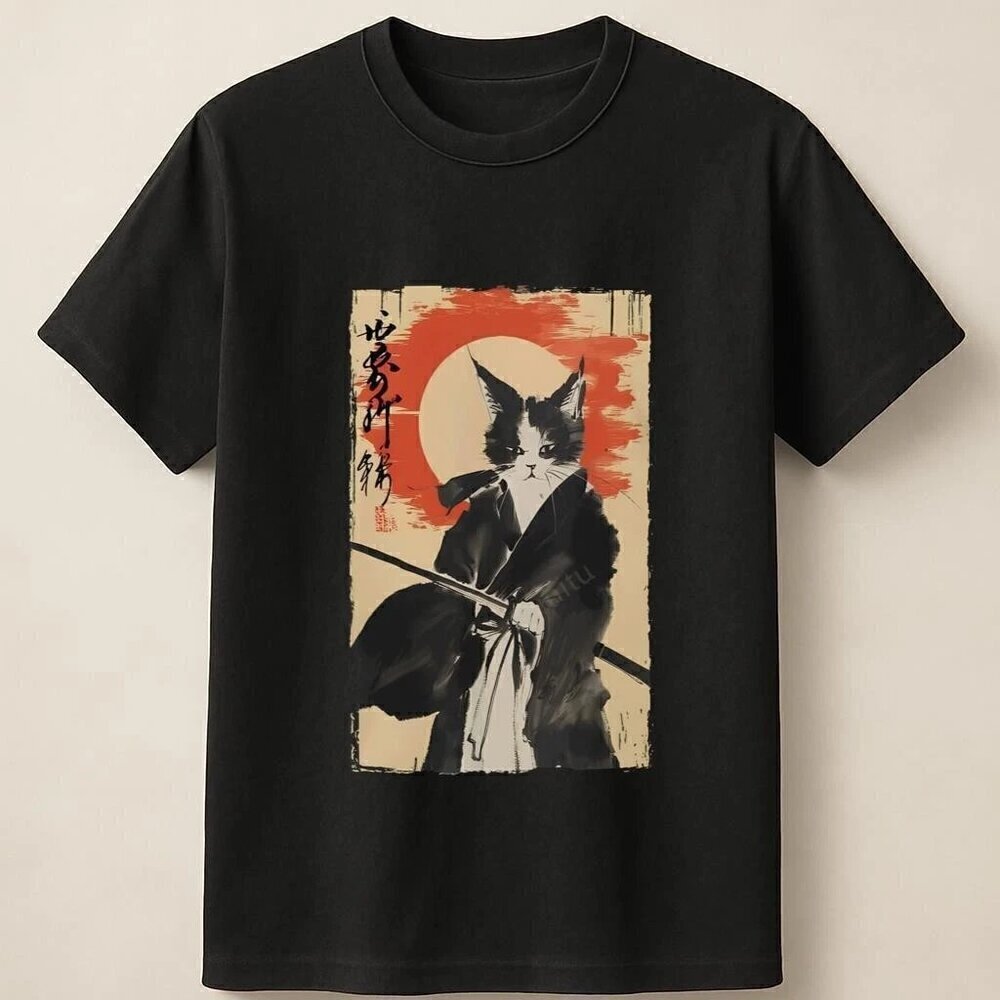 Samurai Cat Japanese Warrior Katana Rising Sun Retro Art Unisex T Shirt .
